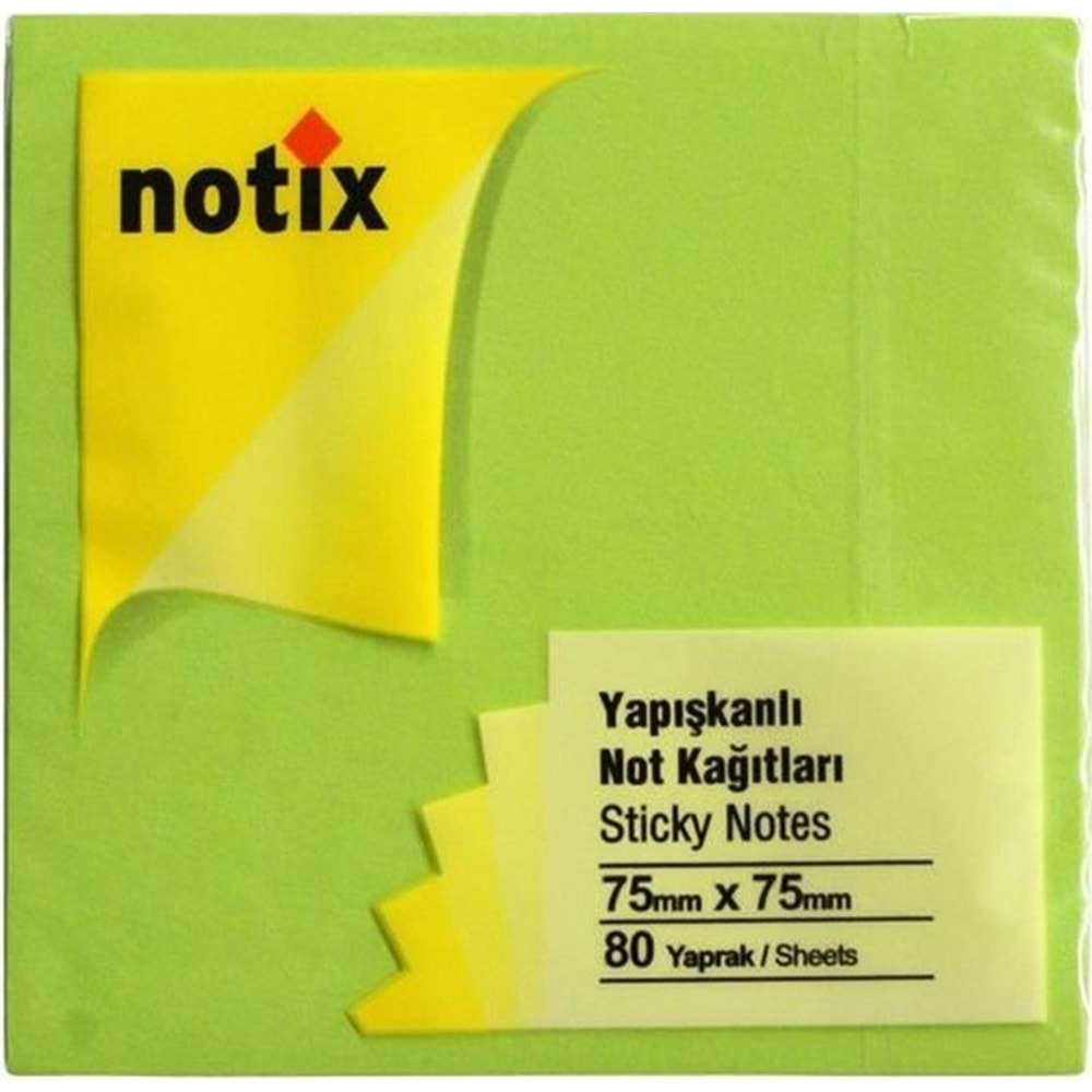 NOTİX YAPIŞKANLI NOT KAĞIDI 75*75 mm.NEON YEŞİL