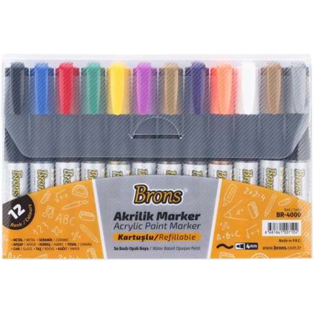 BRONS AKRİLİK MARKER KALEM 12 RENK KARTUŞLU BR-4000