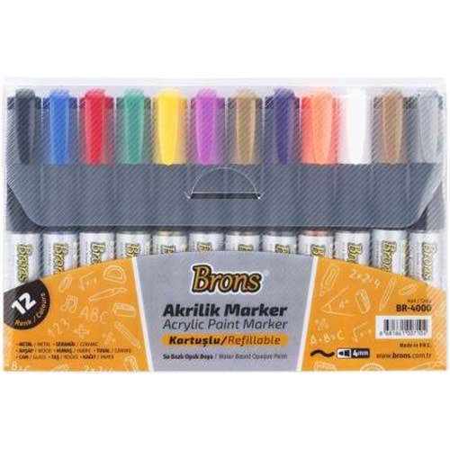 BRONS AKRİLİK MARKER KALEM 12 RENK KARTUŞLU BR-4000