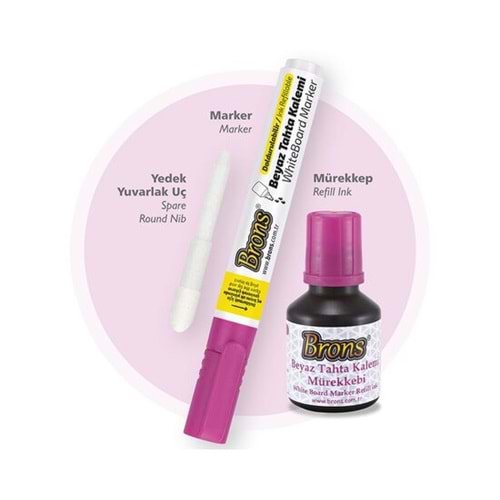 BRONS BEYAZ TAHTA KALEMİ & MÜREKKEP SETİ PEMBE 30 CC.BR-9558