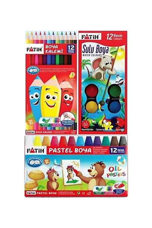 FATİH 3 LÜ BOYA SETİ (12 PASTEL+12 SULU+12 KURU BOYA)
