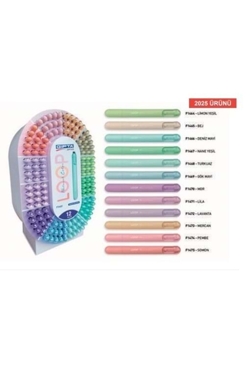 GIPTA FOSFORLU KALEM LOOP PASTEL 12 RENK 288 Lİ STAND F1461