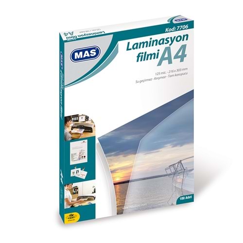 MAS LAMİNASYON FİLMİ A4 125 MİC.100 LÜ PK.KOD:7706
