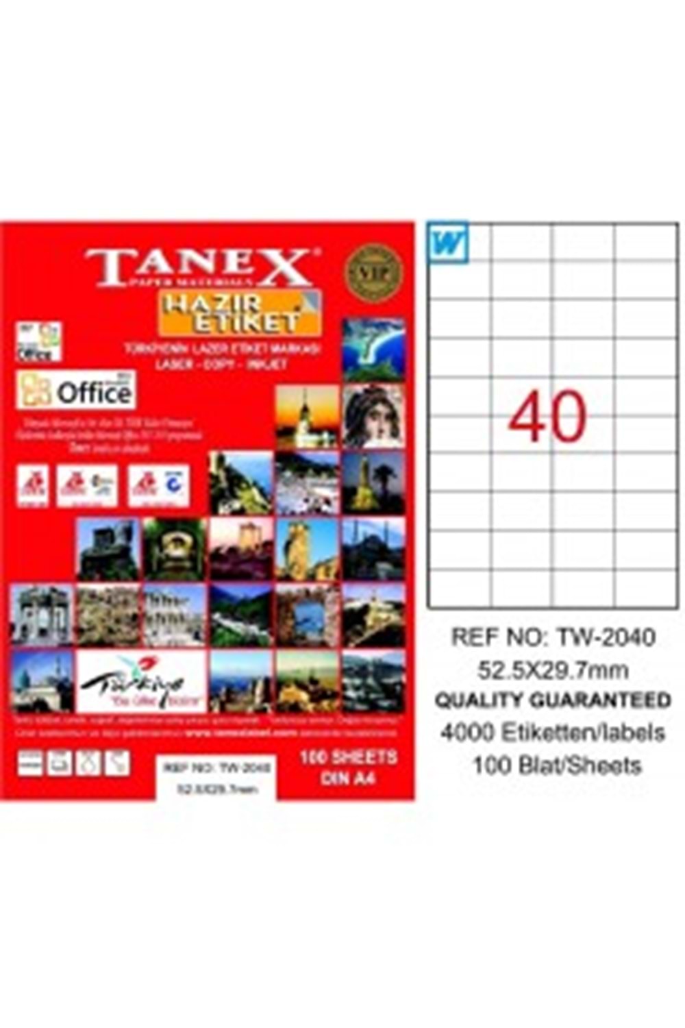TANEX LAZER ETİKET 100 LÜ 52,5*29,7 MM. TW-2040